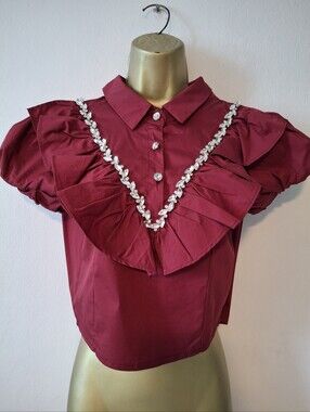 Women's Burgundy Ruffle Collar Top with Crystal Trim